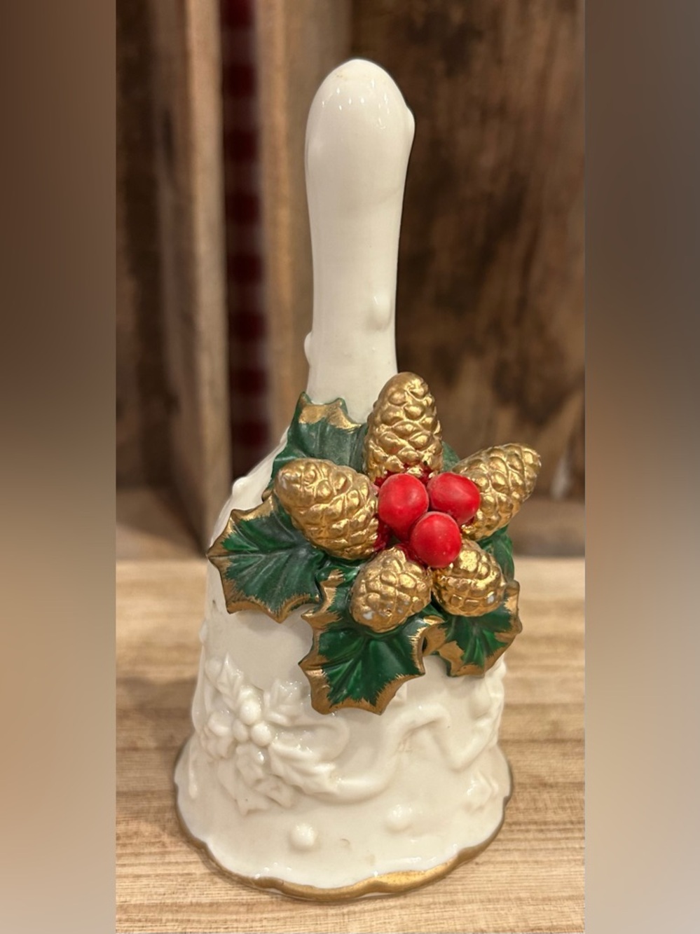 Holiday Pinecone & Holly Ceramic Bell - Gold, Green, Red